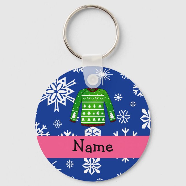 Custom name green ugly christmas sweater keychain (Front)
