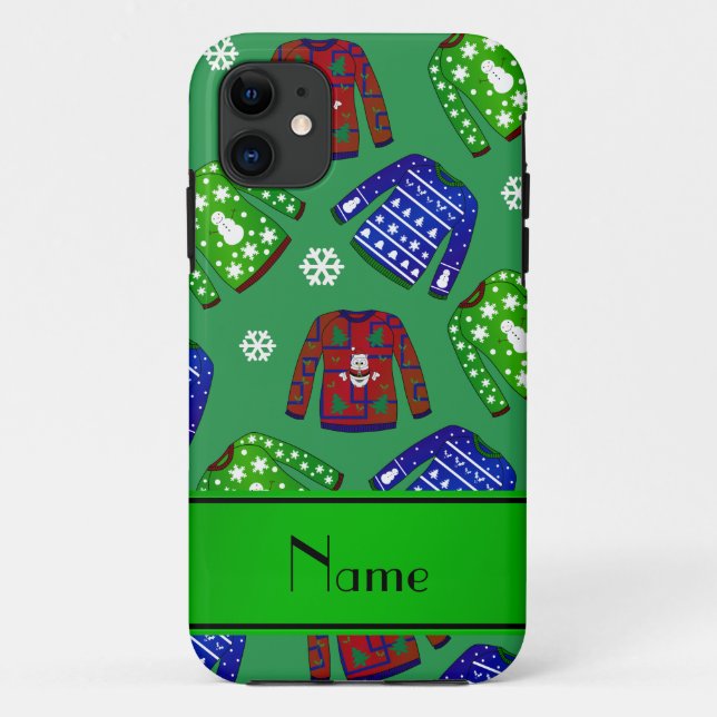 Custom name green ugly christmas sweater pattern Case-Mate iPhone case (Back)