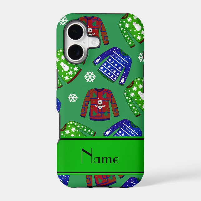 Custom name green ugly christmas sweater pattern iphone case (Back)