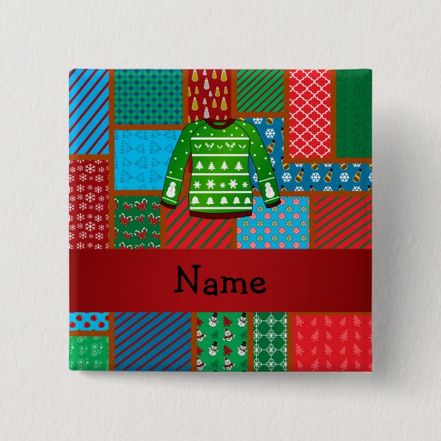 Custom name green ugly christmas sweater pinback button (Front)