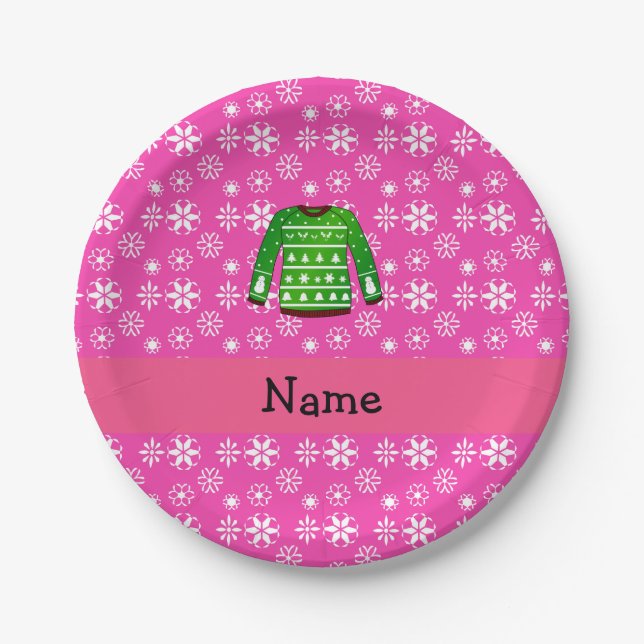 Custom name green ugly christmas sweater pink paper plates (Front)