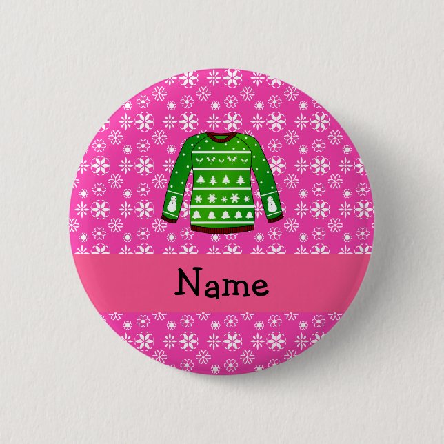 Custom name green ugly christmas sweater pink pinback button (Front)