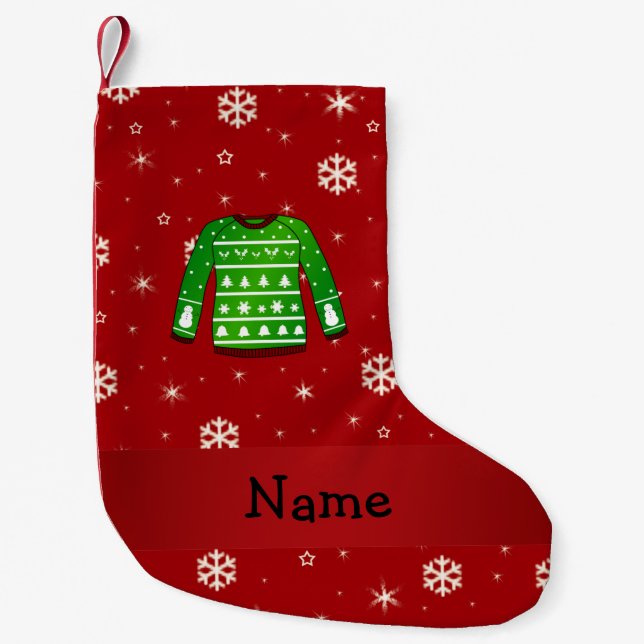 Custom name green ugly christmas sweater small christmas stocking (Front)