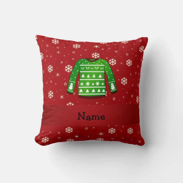 Custom name green ugly christmas sweater throw pillow (Front)