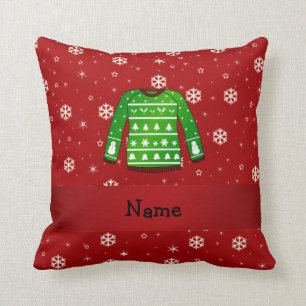 Custom name green ugly christmas sweater throw pillow