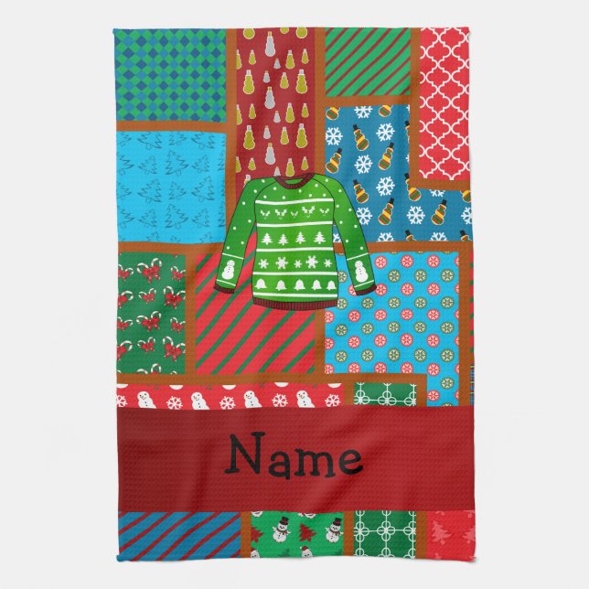 Custom name green ugly christmas sweater towel (Vertical)
