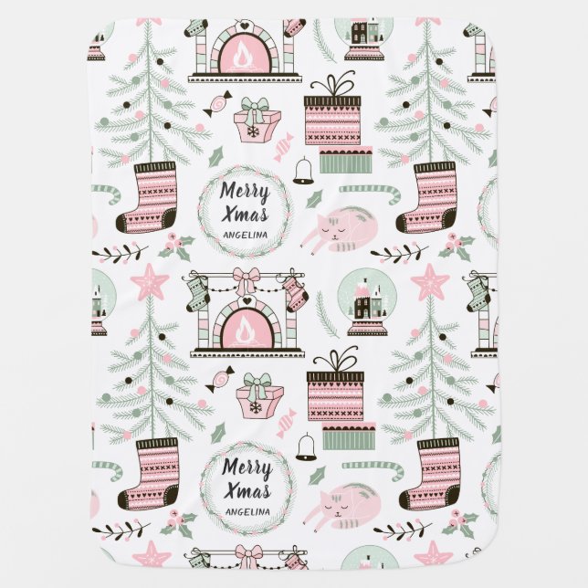 Custom Name & Greeting Cozy Christmas Pattern Baby Blanket (Front)