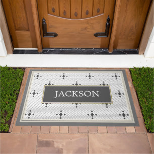 Custom Name Grey 4-pointed star Faux Hexagon Tile Doormat