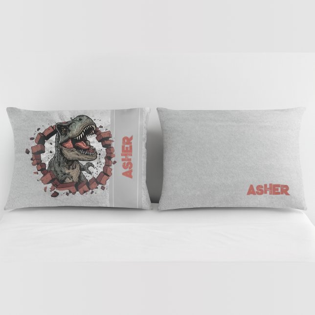 Custom Name Grey Boys Dinosaur Roaring T-Rex Pillow Case (Creator Uploaded)