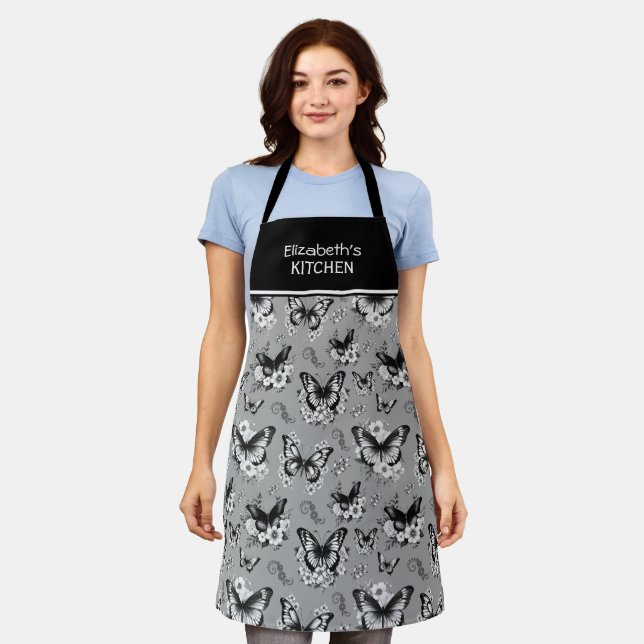 Custom Name Grey Butterfly Pattern Apron (Worn)