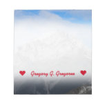 [ Thumbnail: Custom Name; Grey Mountain Peak, Cloudy Blue Sky Notepad ]