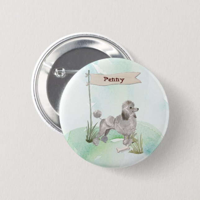 Custom Name Grey Poodle Pet Dog Button (Front & Back)