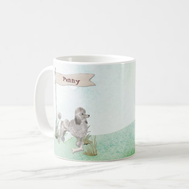 Custom Name Grey Poodle Pet Dog Coffee Mug (Front Left)