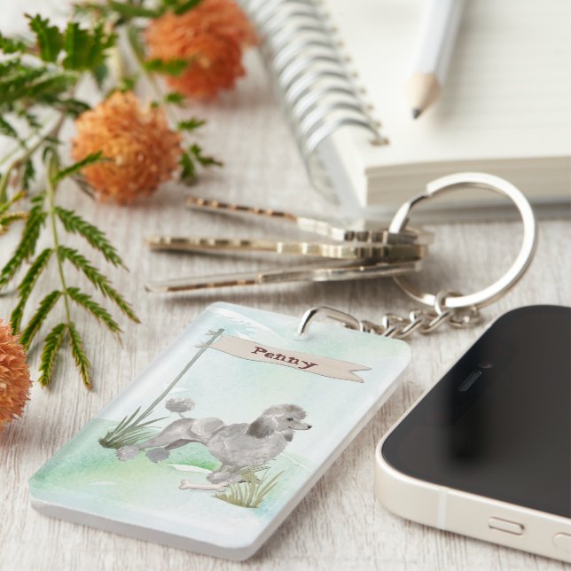 Custom Name Grey Poodle Pet Dog Keychain (Front Right)