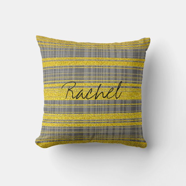 Custom Name Grey Stripes Golden Yellow Classy Cute Throw Pillow (Front)