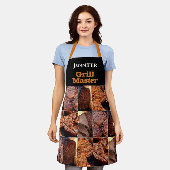 Custom Name Grill Master BBQ Barbecue Meat Black Apron (Worn)