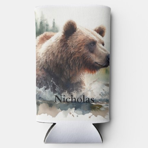 Custom Name Grizzly Bear Wildlife Nature Art  Seltzer Can Cooler