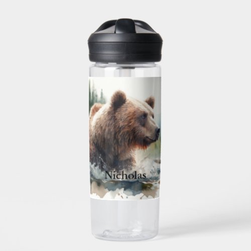 Custom Name Grizzly Bear Wildlife Nature Art  Water Bottle