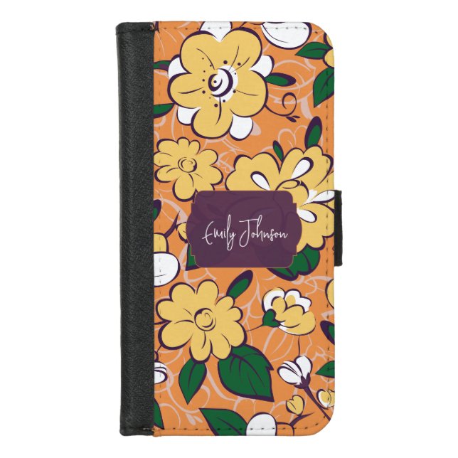 Custom Name Groovy Flowers Orange iPhone Wallet Case (Front)