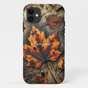 Custom Name Grungy Autumnal Industrial Leaves iPhone 11 Case