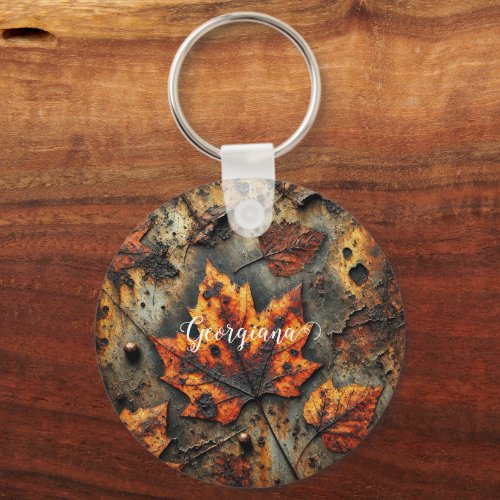 Custom Name Grungy Autumnal Industrial Leaves Keychain