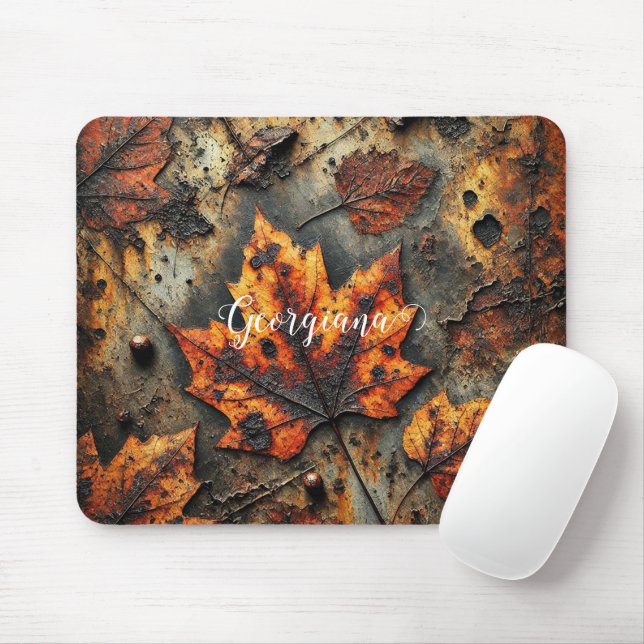 Custom Name Grungy Autumnal Industrial Leaves Mouse Pad (With Mouse)