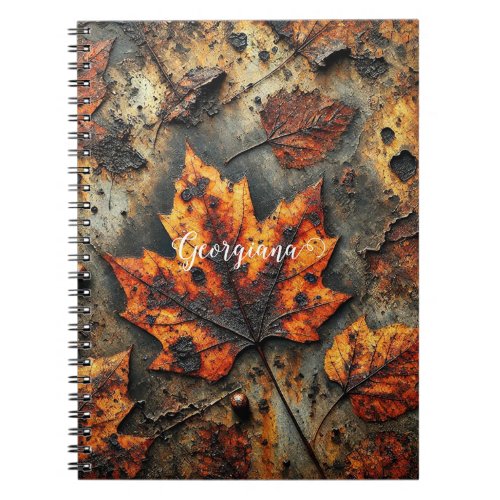 Custom Name Grungy Autumnal Industrial Leaves Notebook