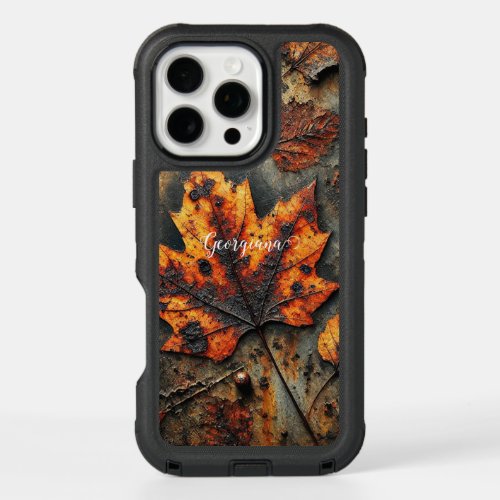 Custom Name Grungy Autumnal Industrial Leaves iPhone 16 Pro Max Case