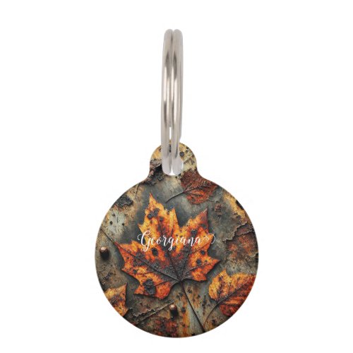 Custom Name Grungy Autumnal Industrial Leaves Pet ID Tag