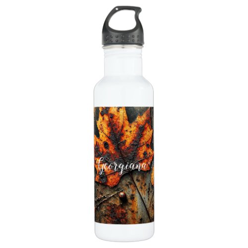 Custom Name Grungy Autumnal Industrial Leaves Stainless Steel Water Bottle