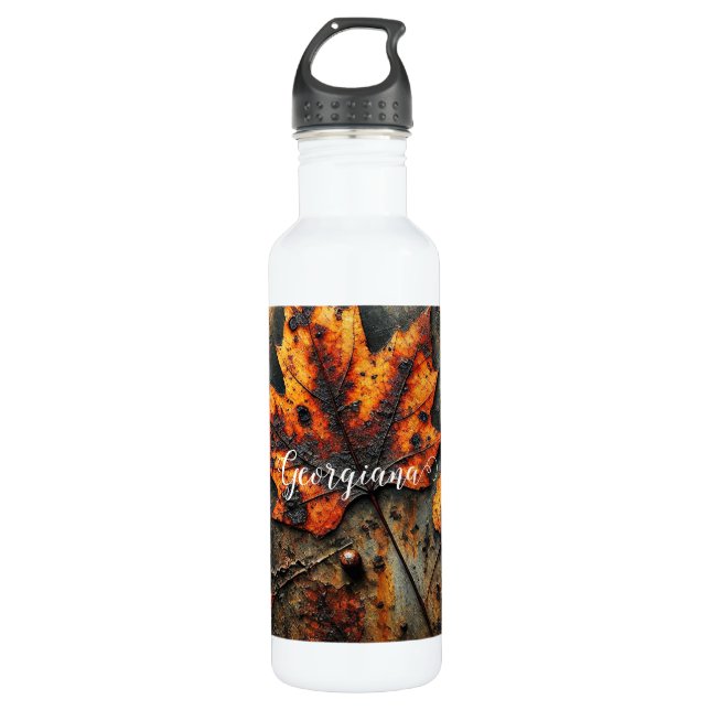 Custom Name Grungy Autumnal Industrial Leaves Stainless Steel Water Bottle (Front)