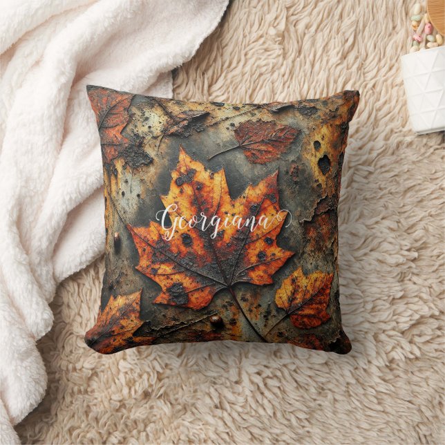 Custom Name Grungy Autumnal Industrial Leaves Throw Pillow (Blanket)