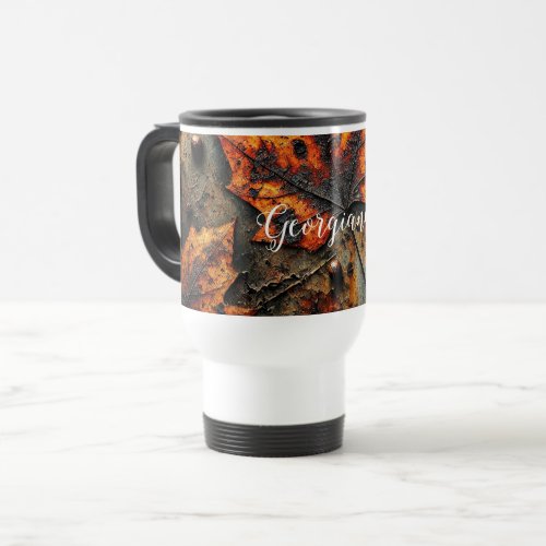 Custom Name Grungy Autumnal Industrial Leaves Travel Mug