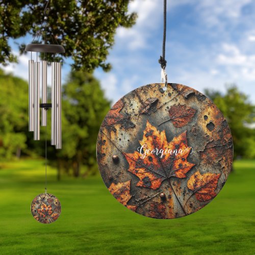 Custom Name Grungy Autumnal Industrial Leaves Wind Chime