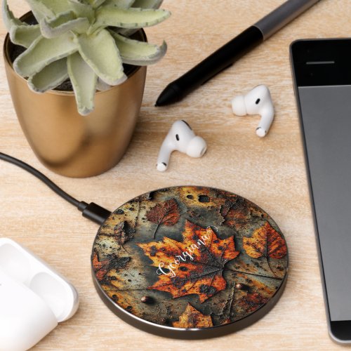 Custom Name Grungy Autumnal Industrial Leaves Wireless Charger