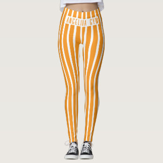 Custom Name Gym Orange and White Vertical Striped Leggings