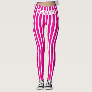 Custom Name Gym Pink and White Vertical Striped Leggings