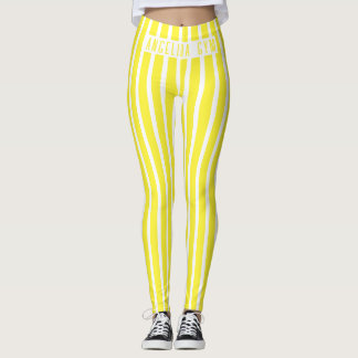 Custom Name Gym Yellow and White Vertical Striped Leggings