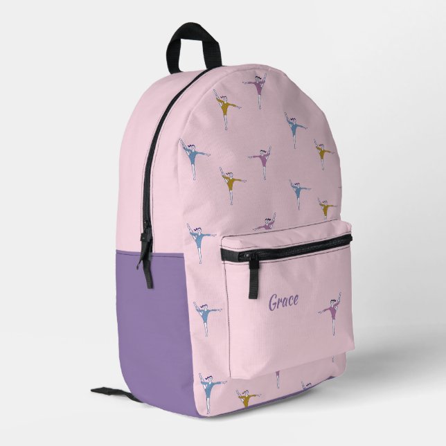 Custom name gymnasts pattern on pink printed backpack (Back Corner Left)