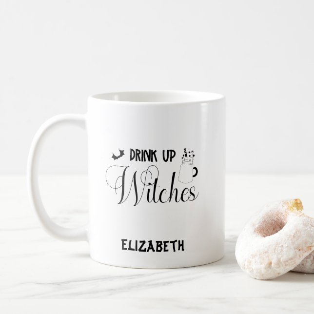 Custom Name Halloween Drink Up Witches Coffee Mug (With Donut)