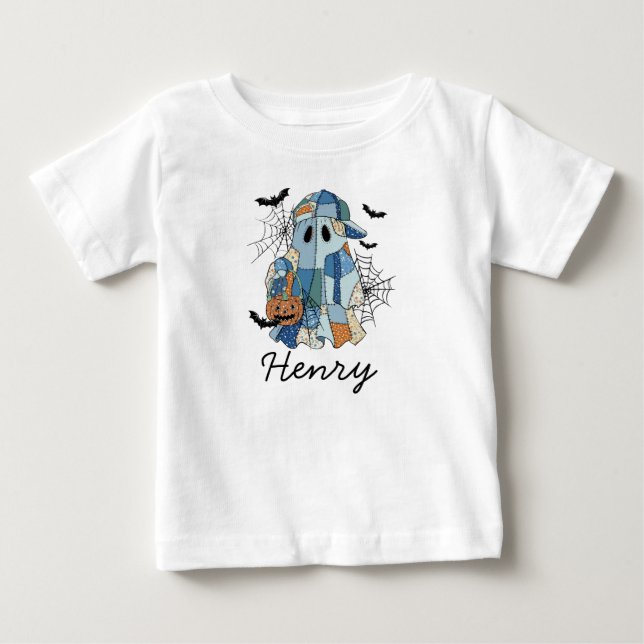 Custom Name Halloween Ghost Boy Toddler & Baby T-Shirt (Front)