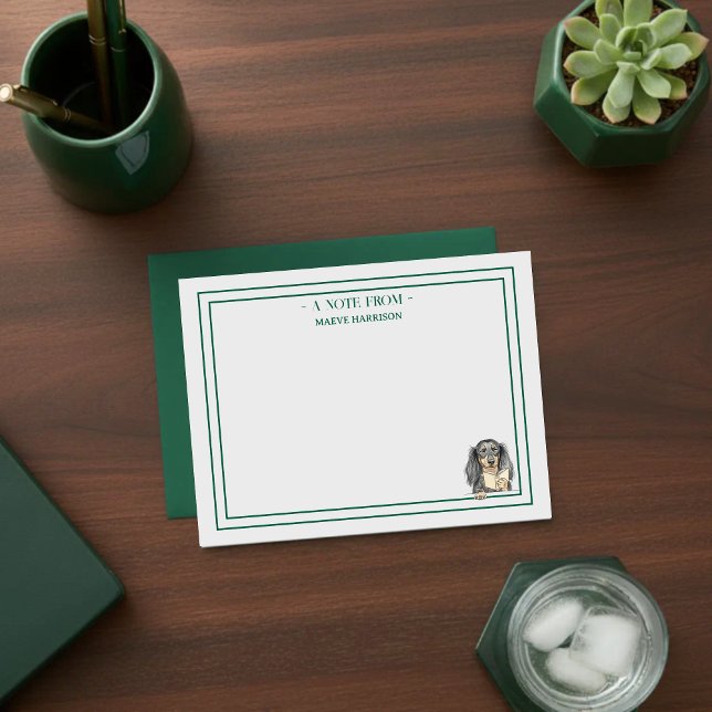 Custom Name Hand Drawn Dachshund Reading Note Card (Gift custom stationery to the dog lover in your life! )