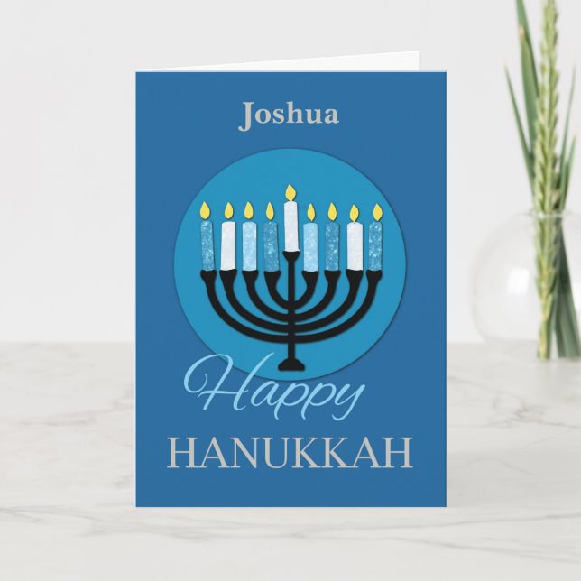 Custom Name Hanukkah Menorah on Dark Blue Card (Front)