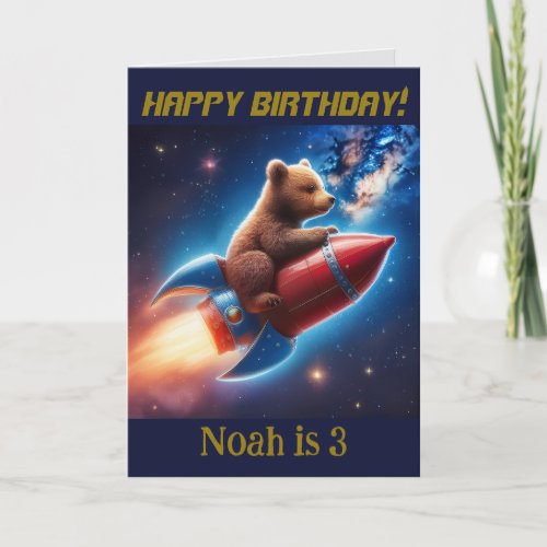 Custom Name Happy Birthday Baby Bear Space Rocket Card