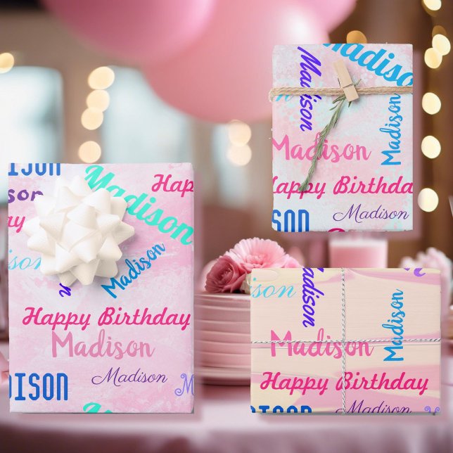 Custom NAME Happy Birthday Girl's Gift Pink Wrapping Paper Sheets (Creator Uploaded)