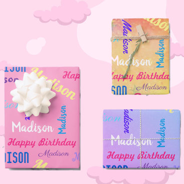 Custom NAME Happy Birthday Girl's Gift Wrapping Paper Sheets