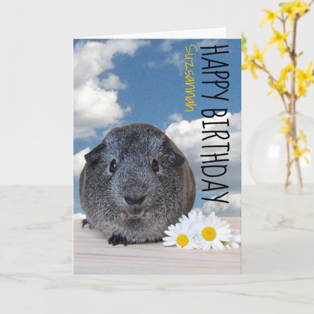 Custom Name Happy Birthday Guinea Pig White Daisy Card (Yellow Flower)