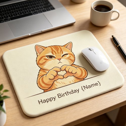 Custom Name Happy Birthday Orange Cat Heart‑Hands Mouse Pad