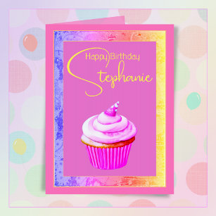 Custom Name Happy Birthday Pretty Pink Cupcake  Card