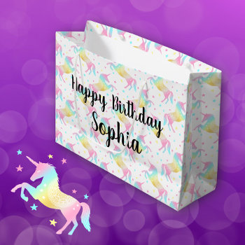 Custom Name Happy Birthday Rainbow Unicorn Large Gift Bag by JulieErinDesigns at Zazzle